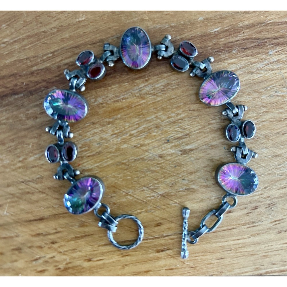 Vintage Mystic Topaz & Garnet Sterling Bracelet Toggle Clasp 925